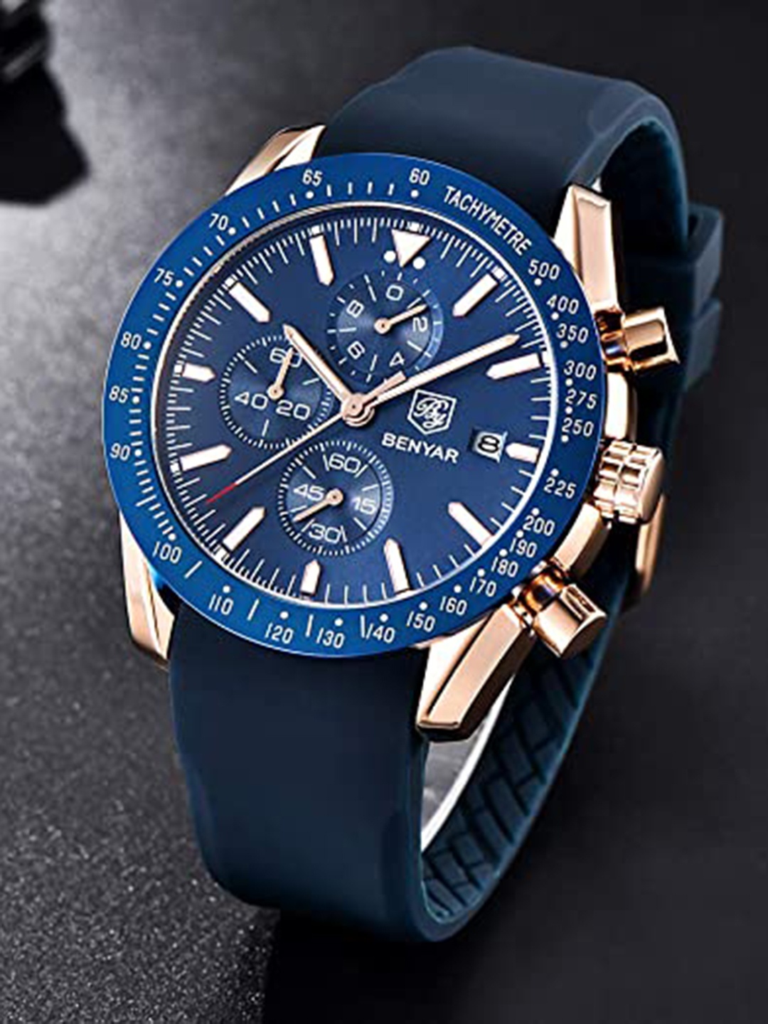 

BENYAR Men Embellished Dial & Bracelet Style Straps Analogue Chronograph Watch Ben-5140-Blue-Gold-01