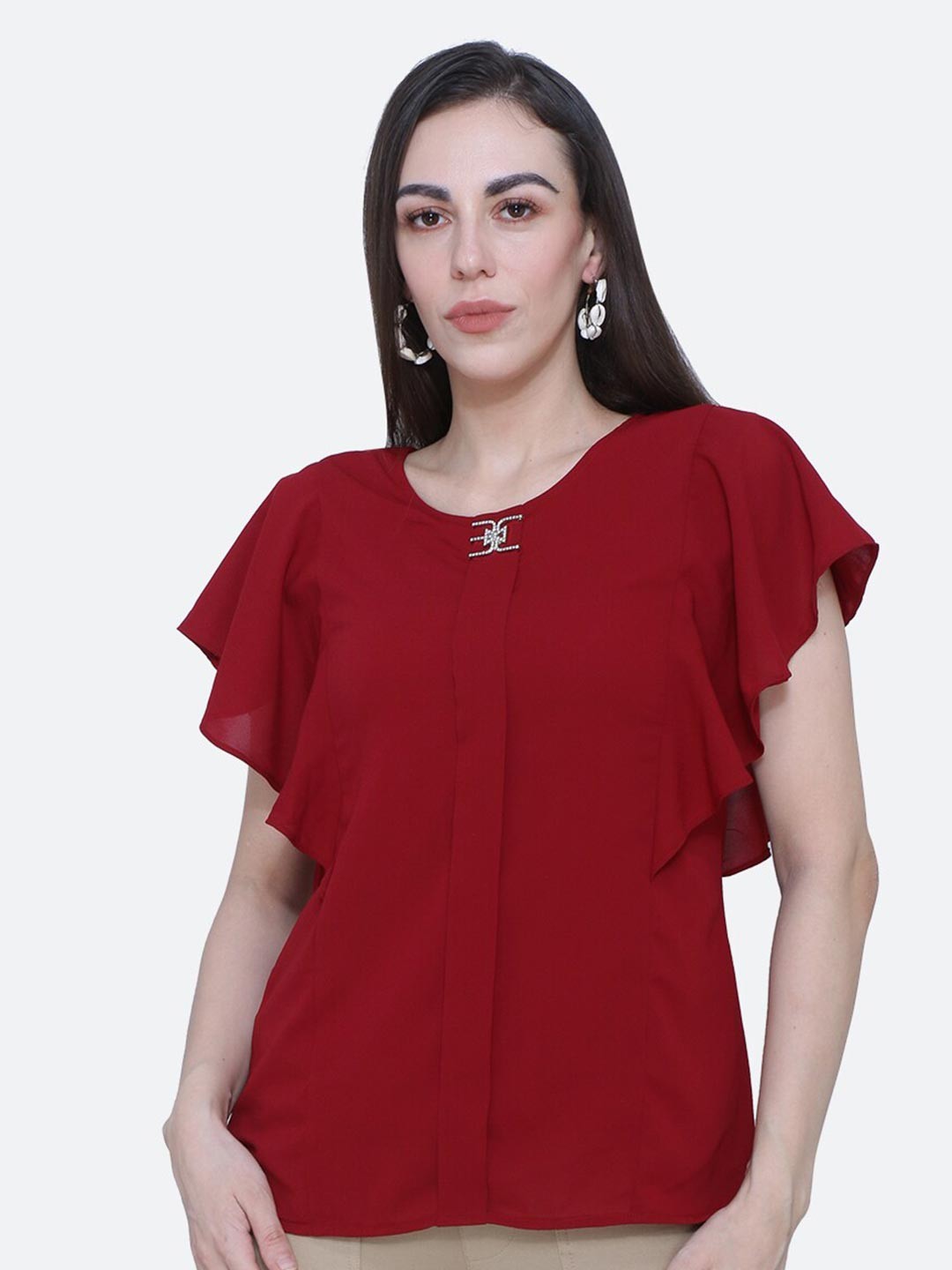 

BAESD Round Neck Flutter Sleeve Top, Maroon