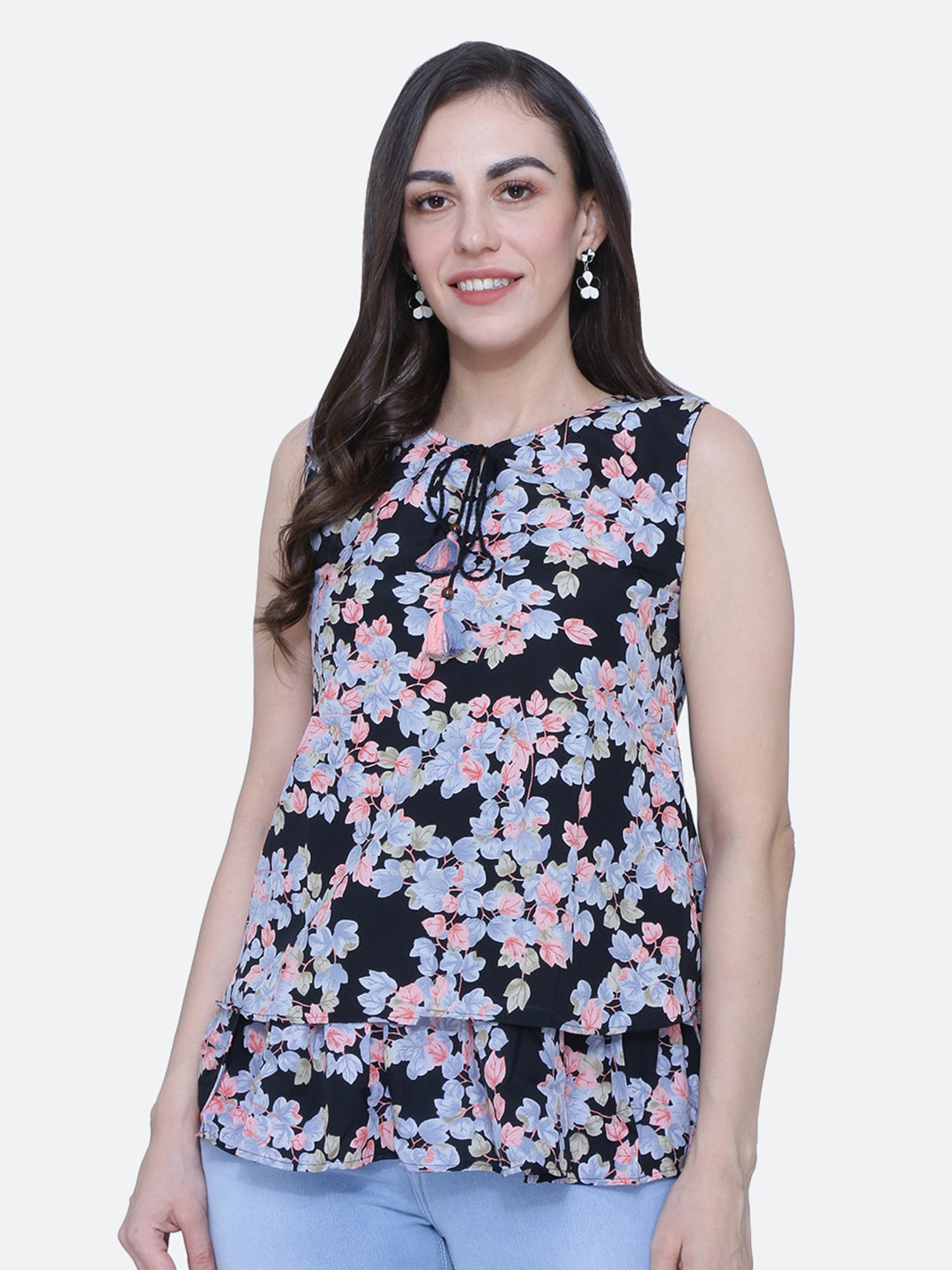 

BAESD Floral Printed Tie-Up Neck Top, Black