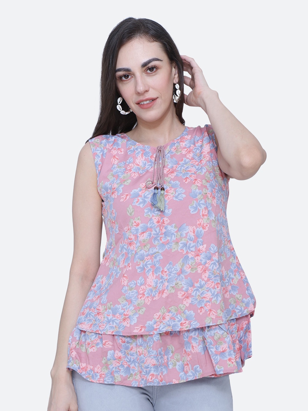 

BAESD Floral Printed Tie-Up Neck A-Line Layered Top, Pink