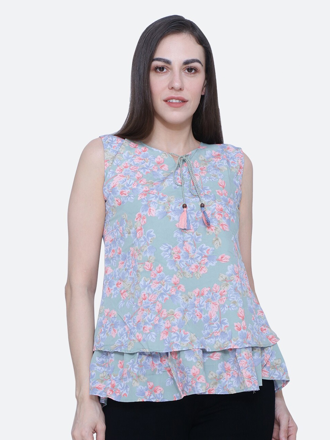 

BAESD Floral Printed Tie-Up Neck Layered Top, Green