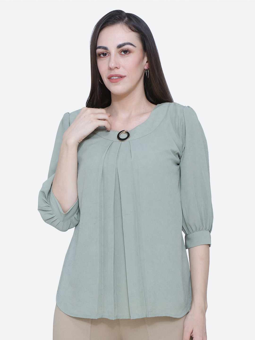 

BAESD Round Neck Puff Sleeves Top, Green