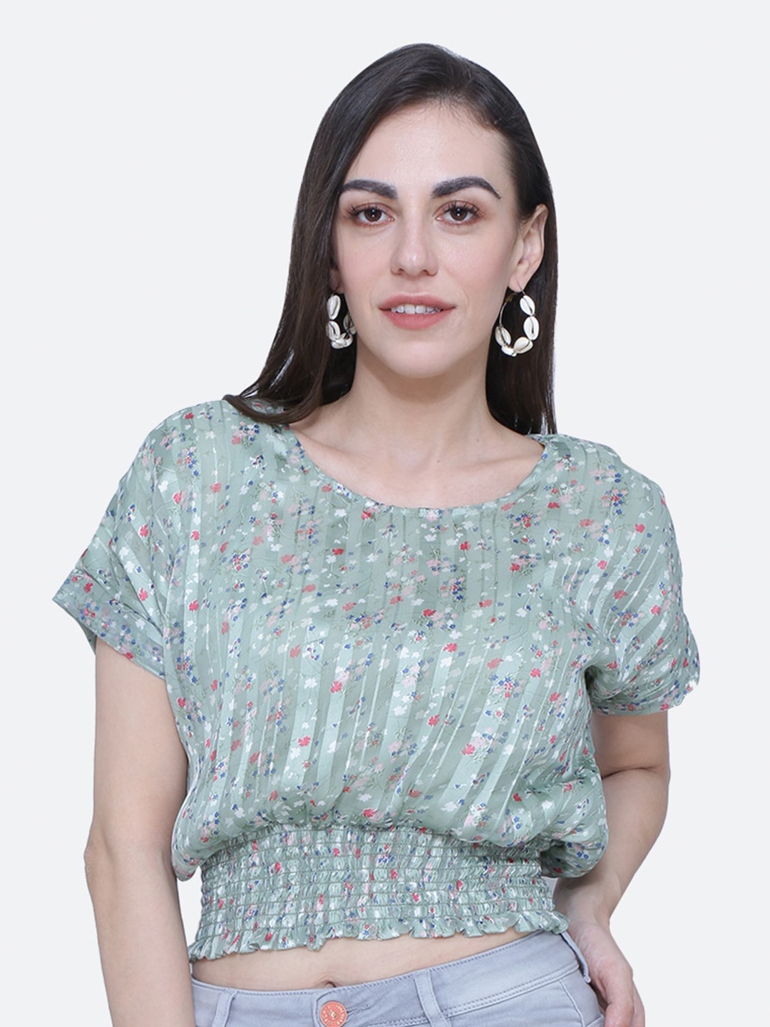 

BAESD Floral Printed Extended Sleeves Blouson Crop Top, Green