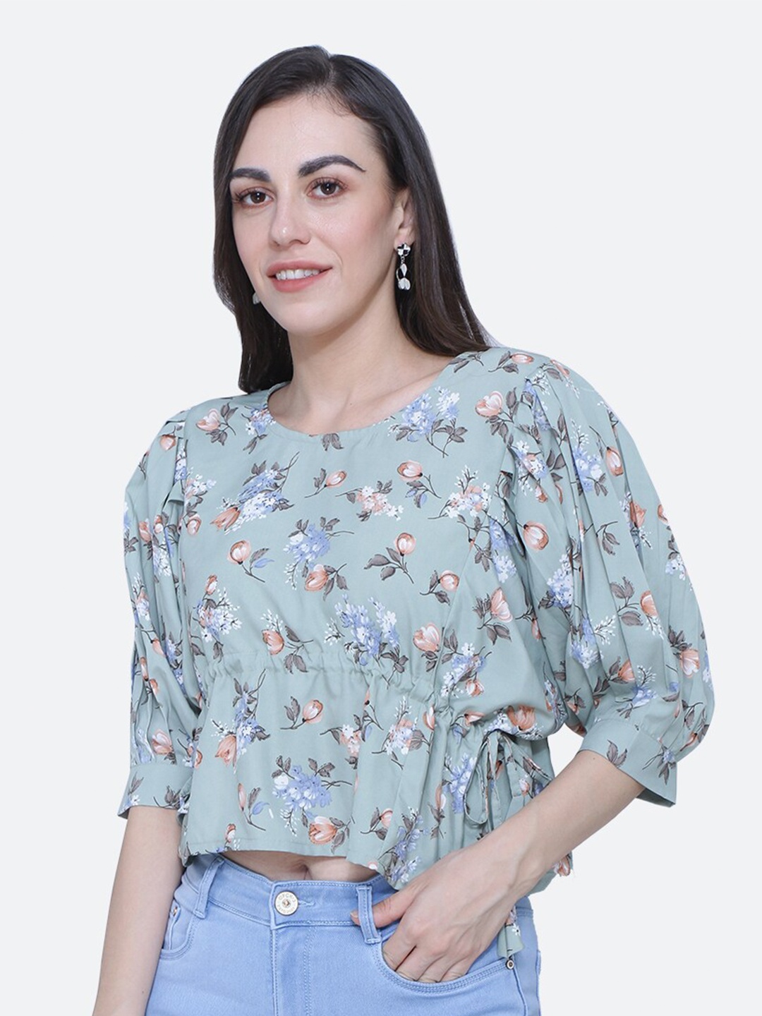 

BAESD Floral Printed Puff Sleeve Crop Top, Grey