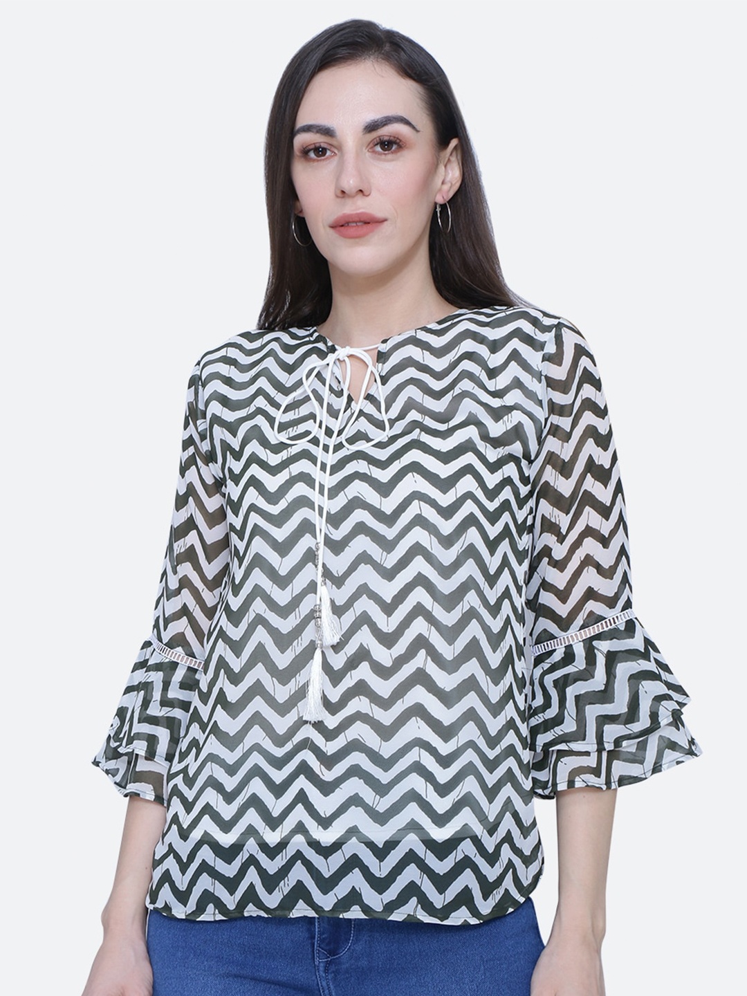

BAESD Printed Tie Up Neck Bell Sleeve Top, Green