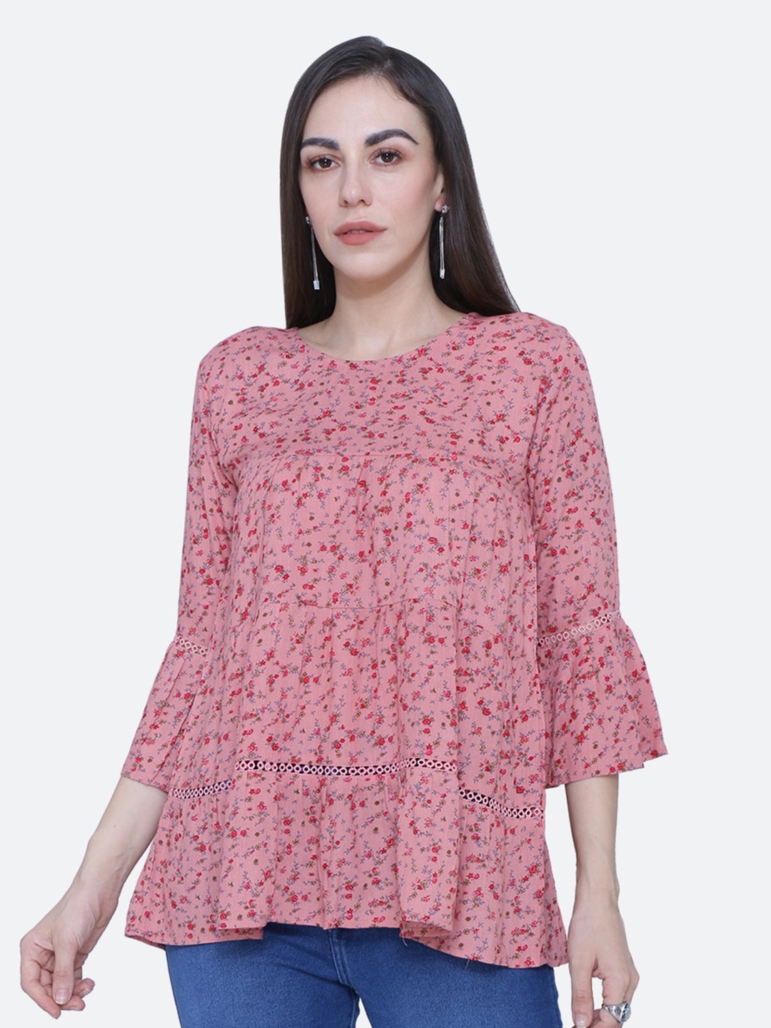 

BAESD Floral Printed Bell Sleeve Longline Top, Red