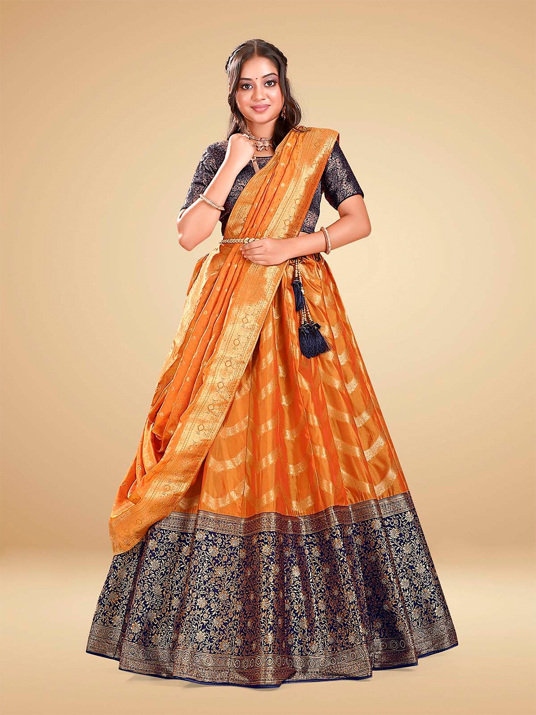 

HALFSAREE STUDIO Woven Design Semi-Stitched Lehenga & Blouse With Dupatta, Gold