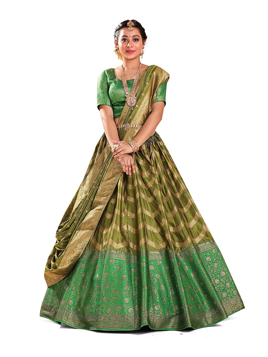 

HALFSAREE STUDIO Woven Design Semi-Stitched Lehenga & Blouse With Dupatta, Olive