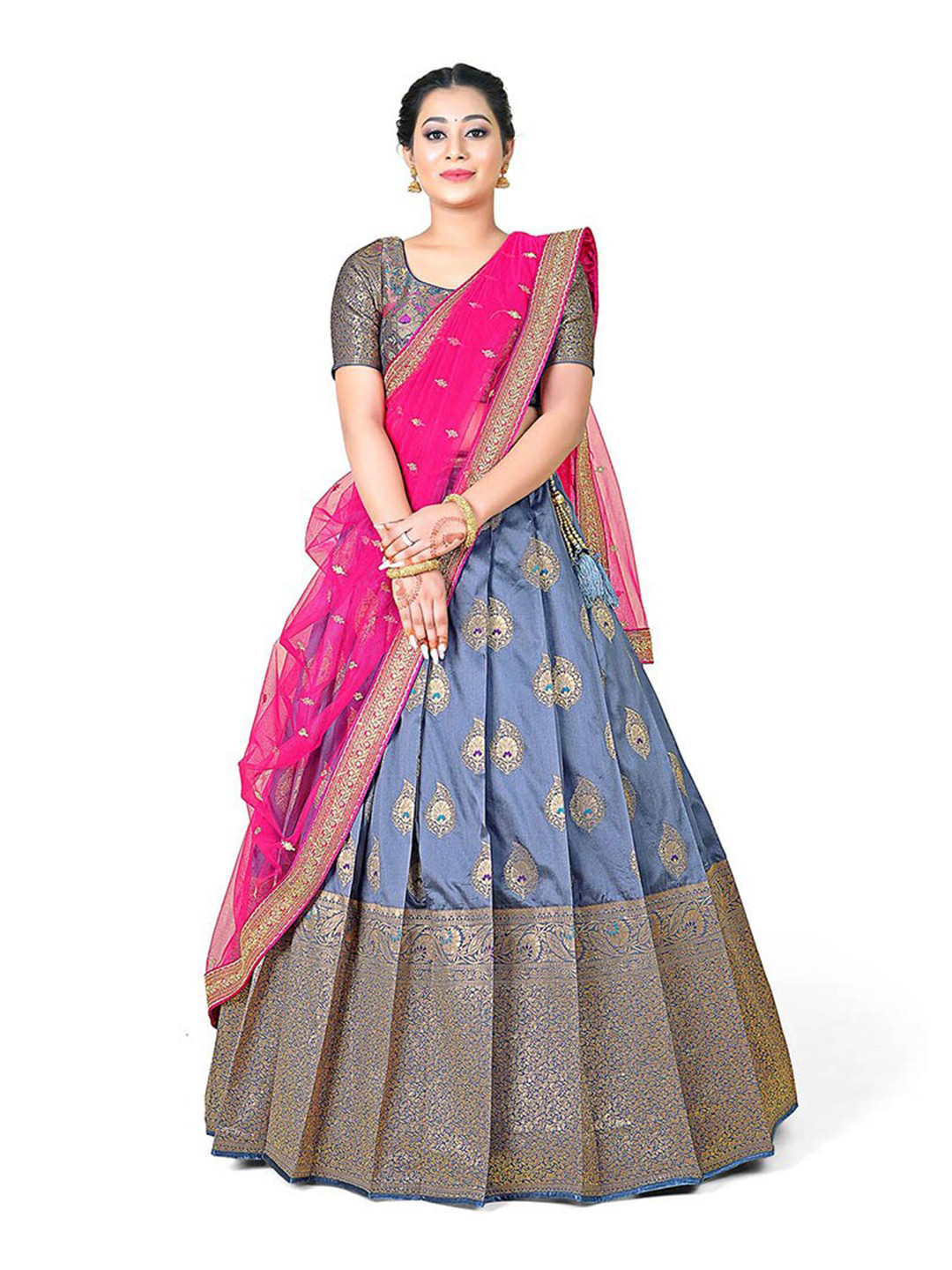 

HALFSAREE STUDIO Woven Design Semi-Stitched Lehenga & Blouse With Dupatta, Grey