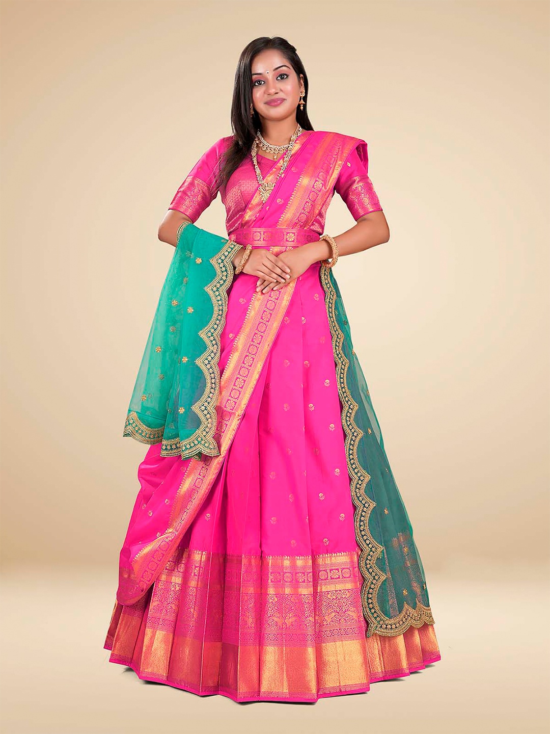 

HALFSAREE STUDIO Woven Design Semi-Stitched Lehenga & Blouse With Dupatta, Pink