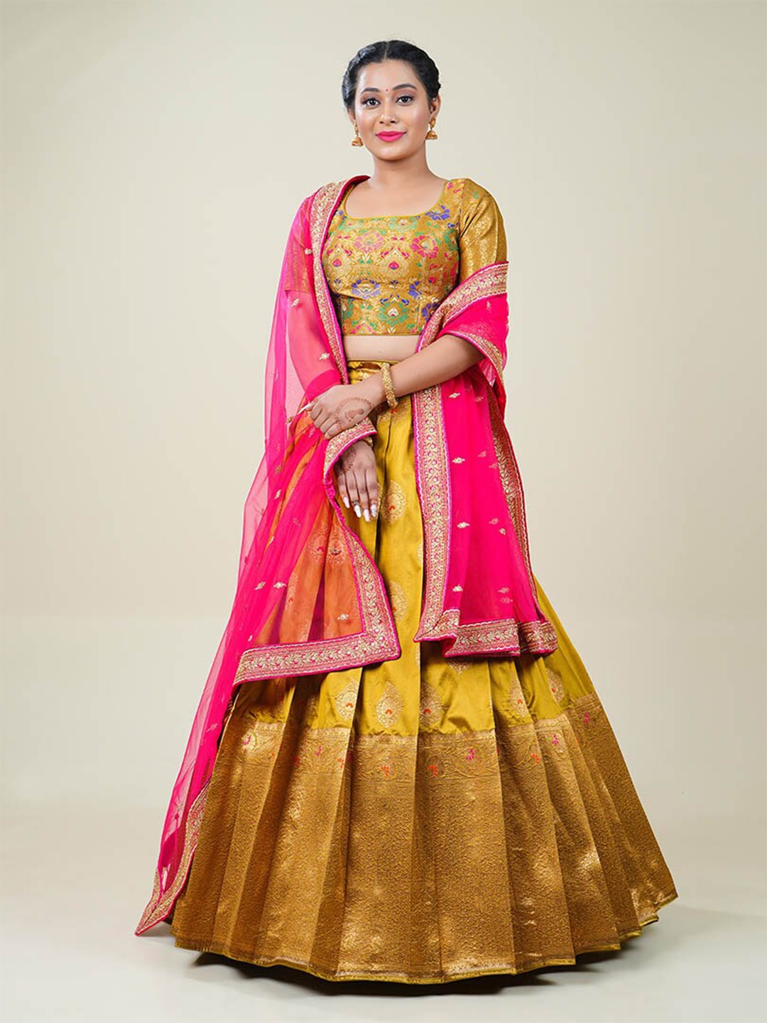 

HALFSAREE STUDIO Mustard & Pink Semi-Stitched Lehenga & Blouse With Dupatta