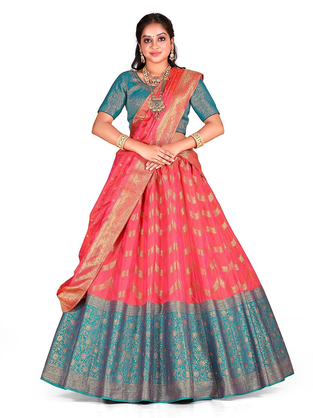 

HALFSAREE STUDIO Semi-Stitched Lehenga & Blouse With Dupatta, Orange
