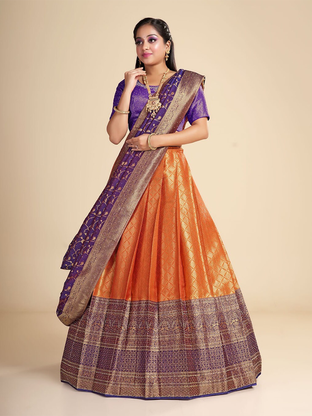 

HALFSAREE STUDIO Gold-Toned & Purple Semi-Stitched Lehenga & Blouse With Dupatta