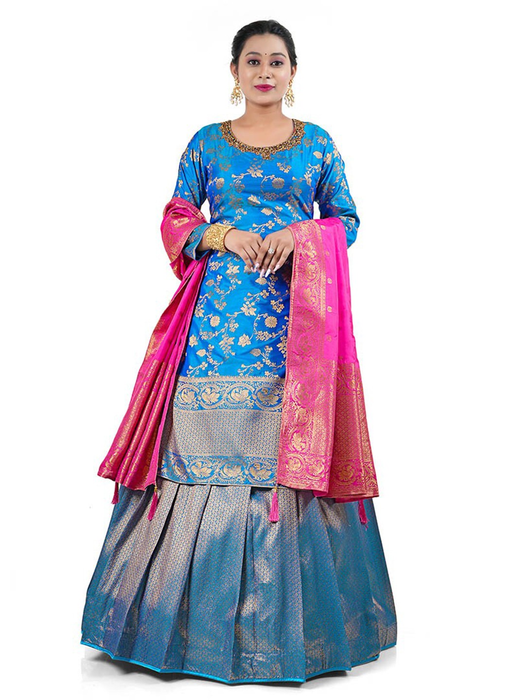 

HALFSAREE STUDIO Woven Design Semi-Stitched Banarasi Silk Lehenga & Blouse With Dupatta, Blue