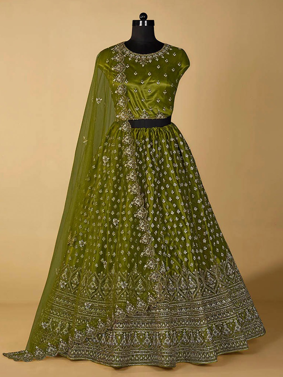 

HALFSAREE STUDIO Embellished Thread Work Semi-Stitched Lehenga & Blouse With Dupatta, Olive