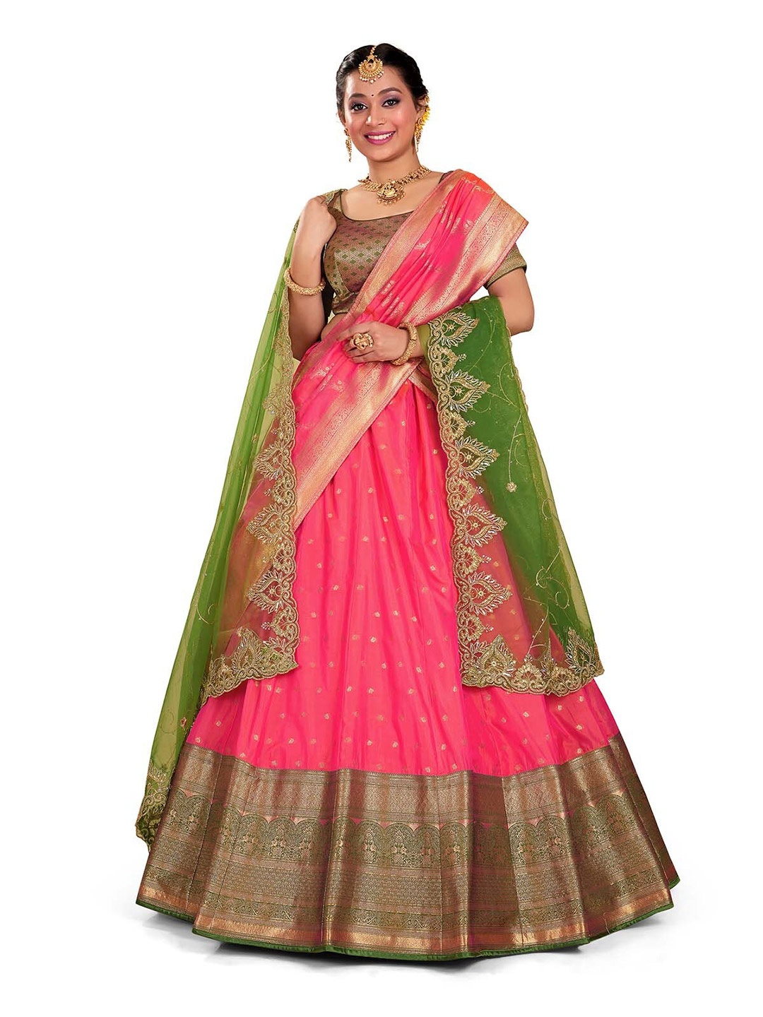 

HALFSAREE STUDIO Ethnic Motifs Woven Design Semi-Stitched Lehenga & Blouse With Dupatta, Peach