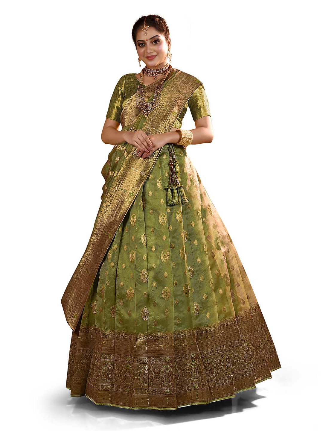 

HALFSAREE STUDIO Semi-Stitched Lehenga & Blouse With Dupatta, Olive