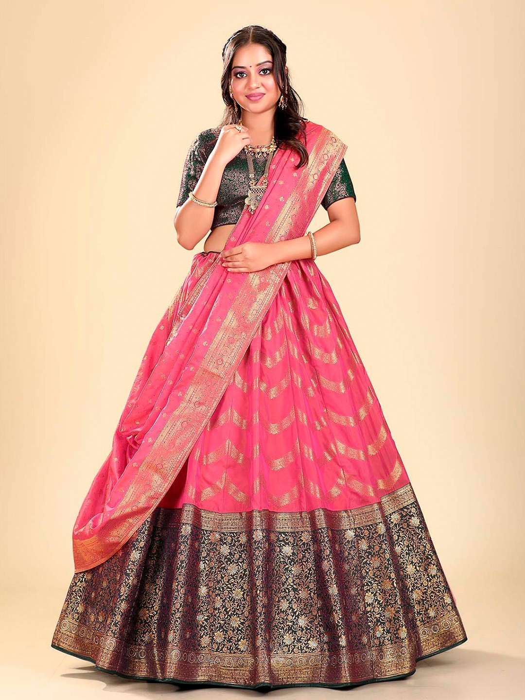 

HALFSAREE STUDIO Woven Design Semi-Stitched Lehenga & Blouse With Dupatta, Peach