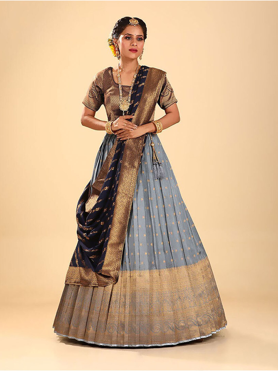 

HALFSAREE STUDIO Woven Design Semi-Stitched Lehenga & Blouse With Dupatta, Grey