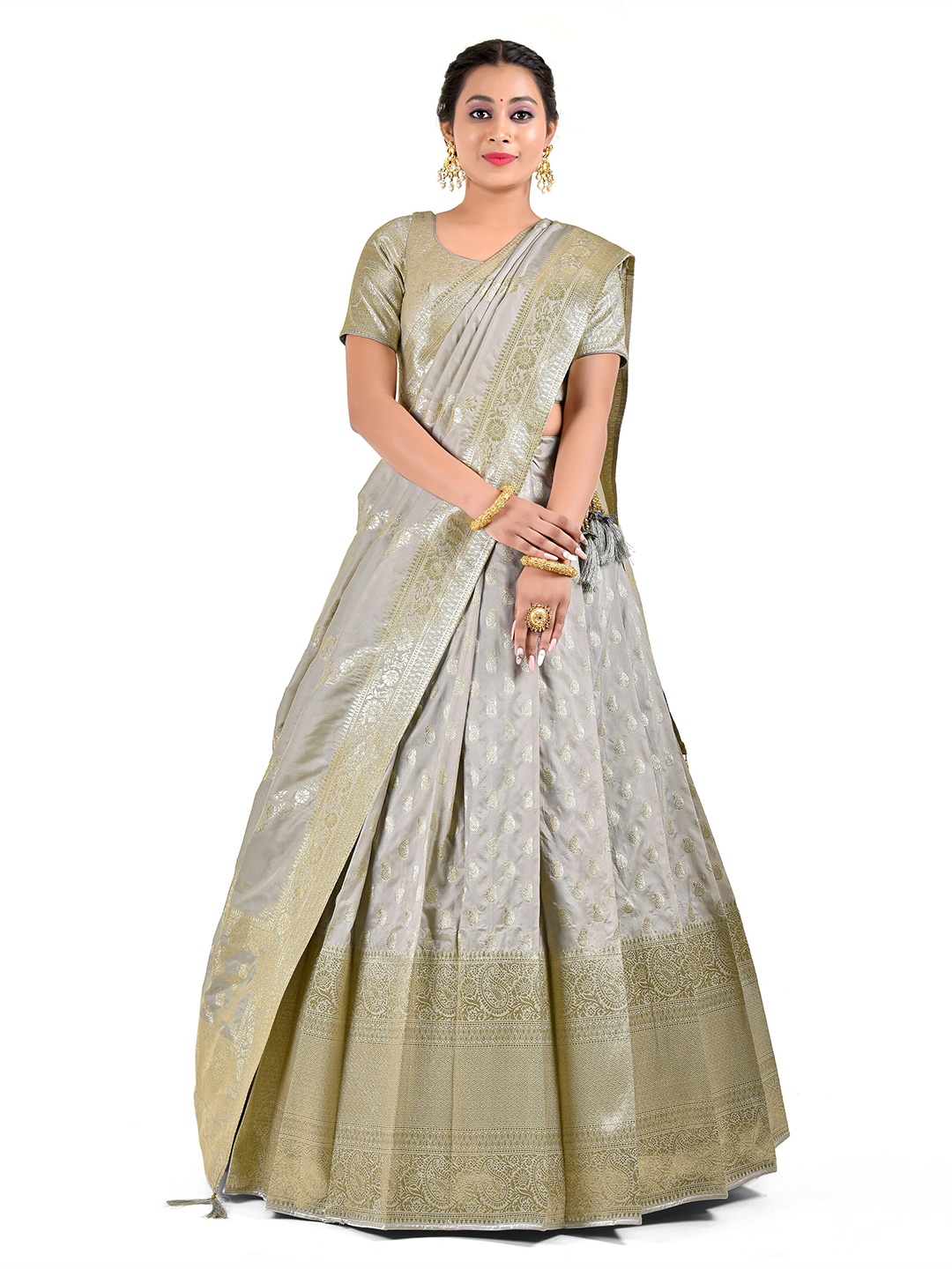 

HALFSAREE STUDIO Woven Design Semi-Stitched Lehenga & Blouse With Dupatta, Grey
