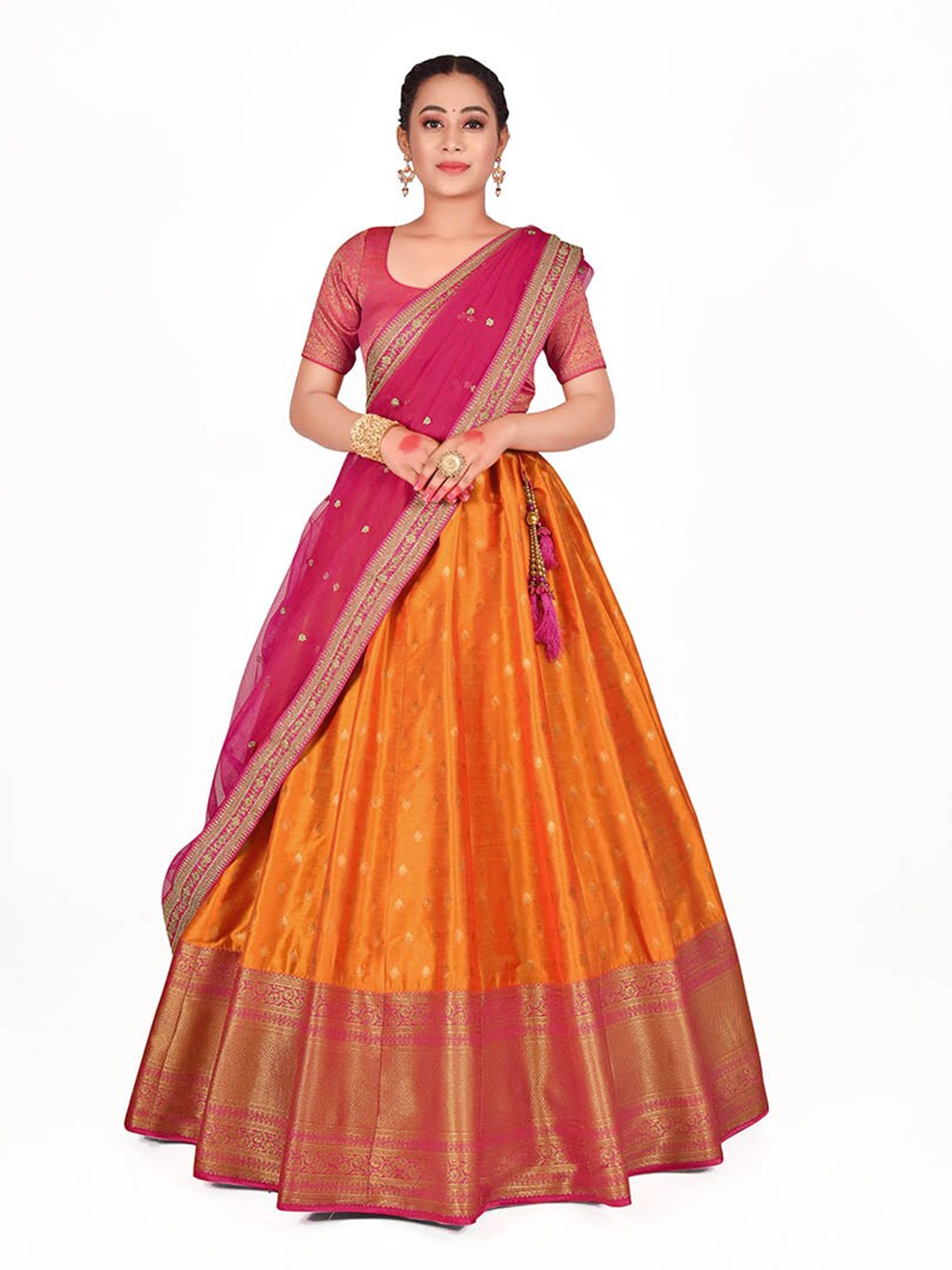 

HALFSAREE STUDIO Semi-Stitched Lehenga & Blouse With Dupatta, Orange