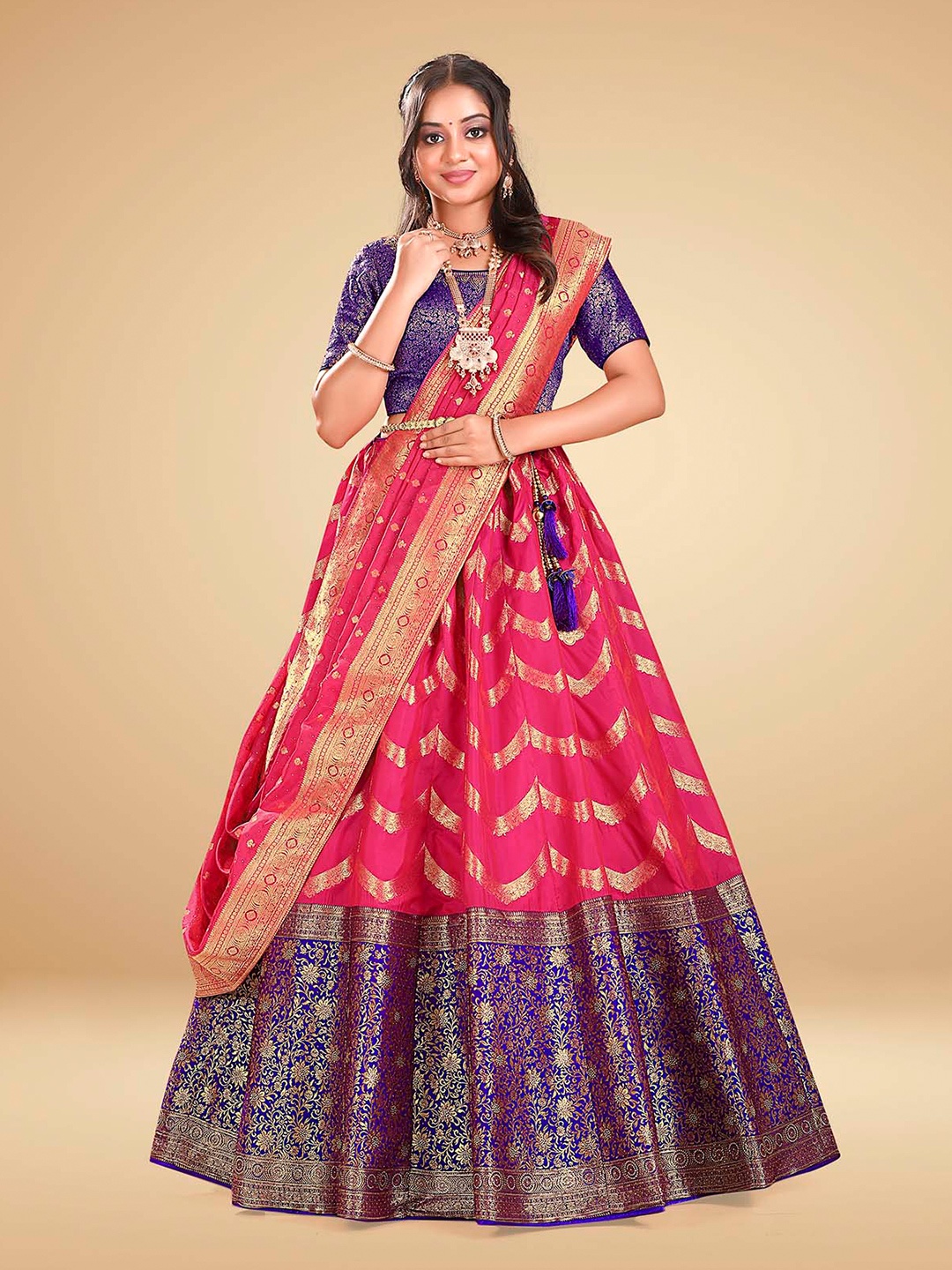 

HALFSAREE STUDIO Woven Design Semi-Stitched Lehenga & Blouse With Dupatta, Pink