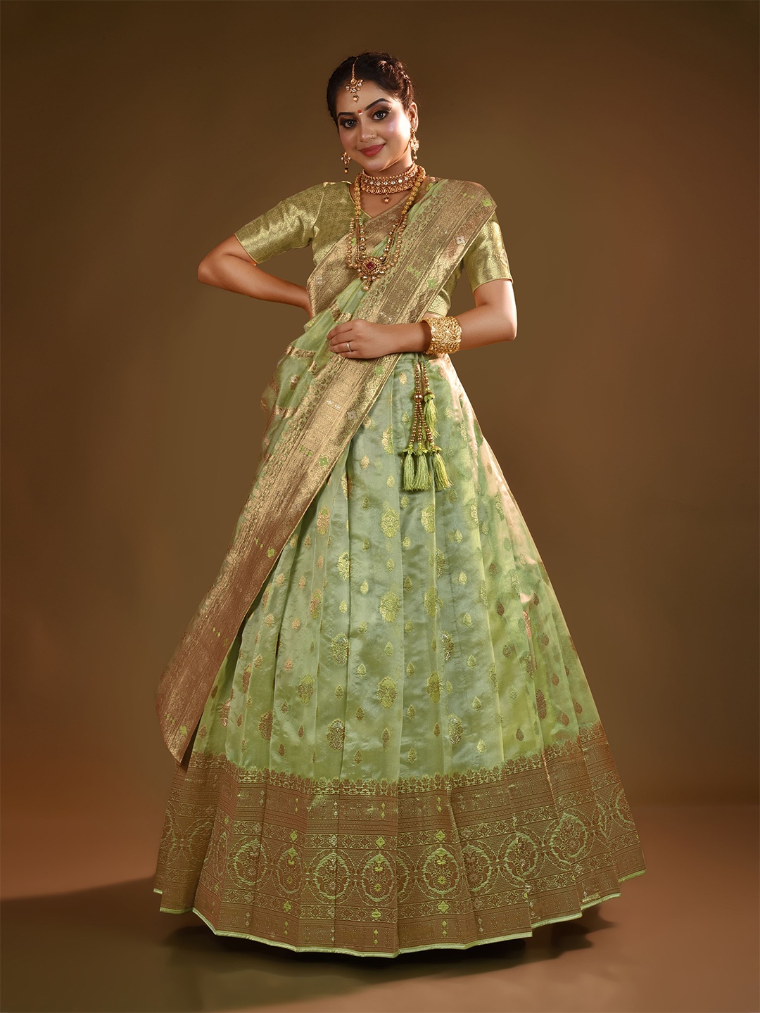 

HALFSAREE STUDIO Woven Design Semi-Stitched Lehenga & Blouse With Dupatta, Green