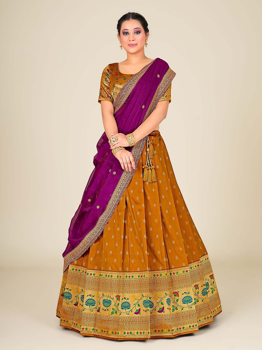 

HALFSAREE STUDIO Semi-Stitched Lehenga & Blouse With Dupatta, Mustard