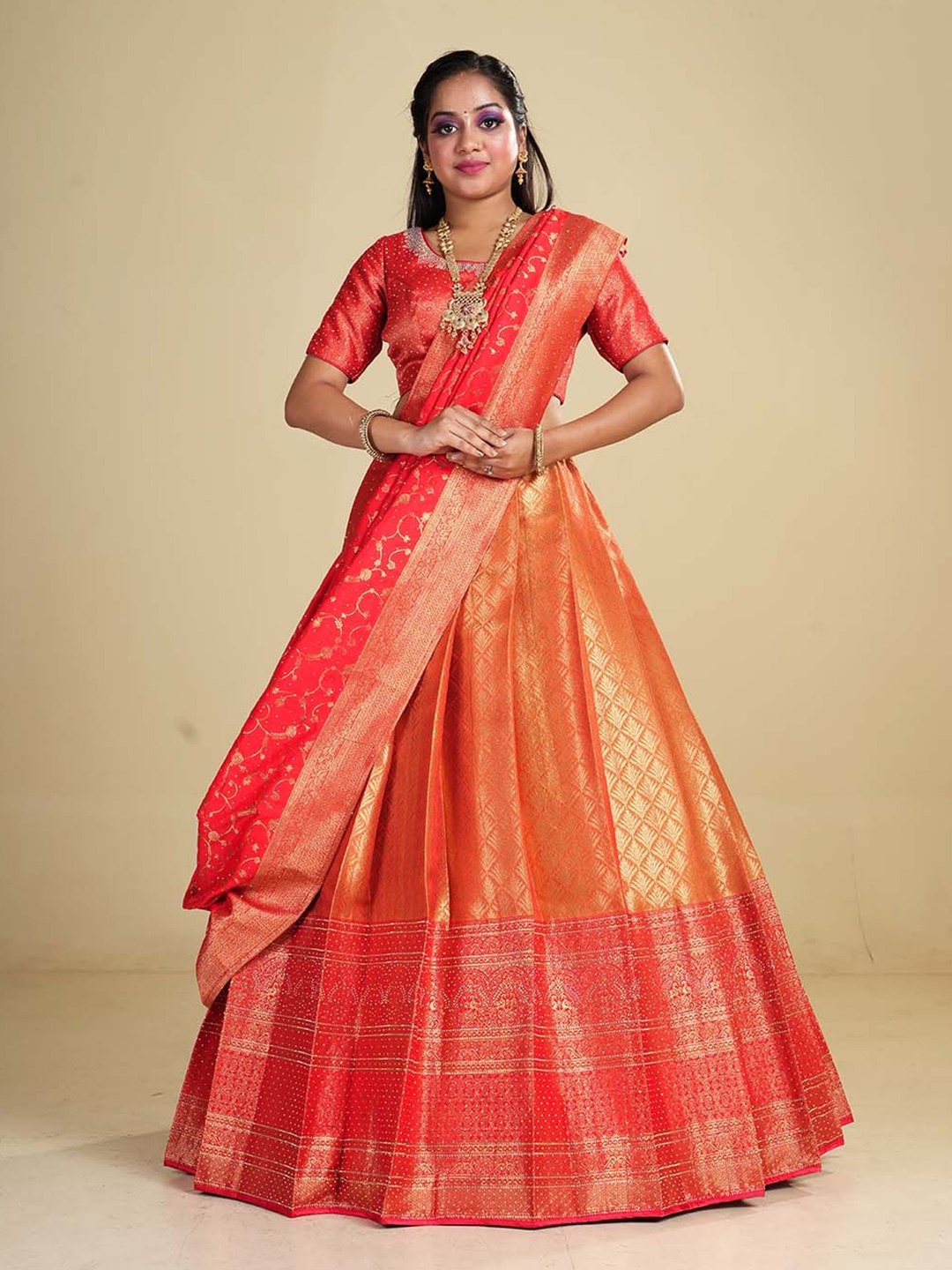 

HALFSAREE STUDIO Woven Design Semi-Stitched Lehenga & Blouse With Dupatta, Gold