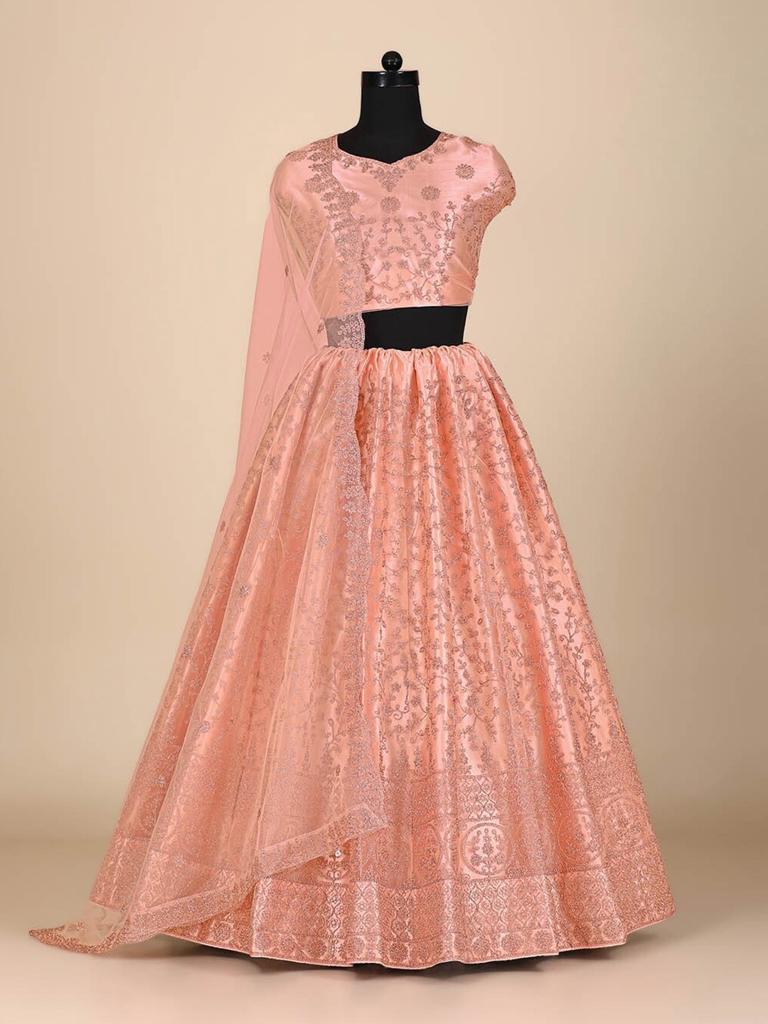 

HALFSAREE STUDIO Embroidered Semi-Stitched Lehenga & Blouse With Dupatta, Peach