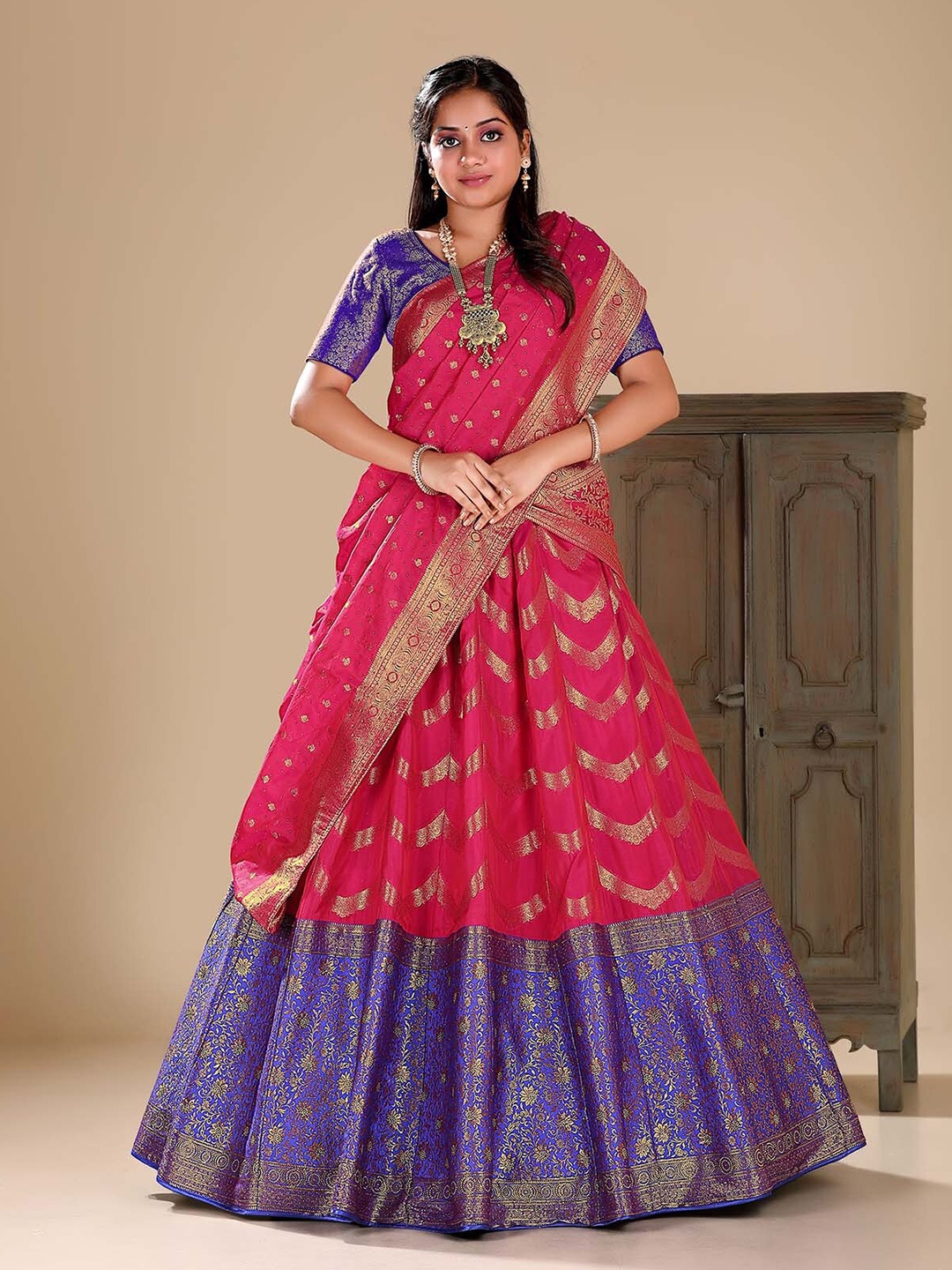 

HALFSAREE STUDIO Woven Design Semi-Stitched Lehenga & Blouse With Dupatta, Pink