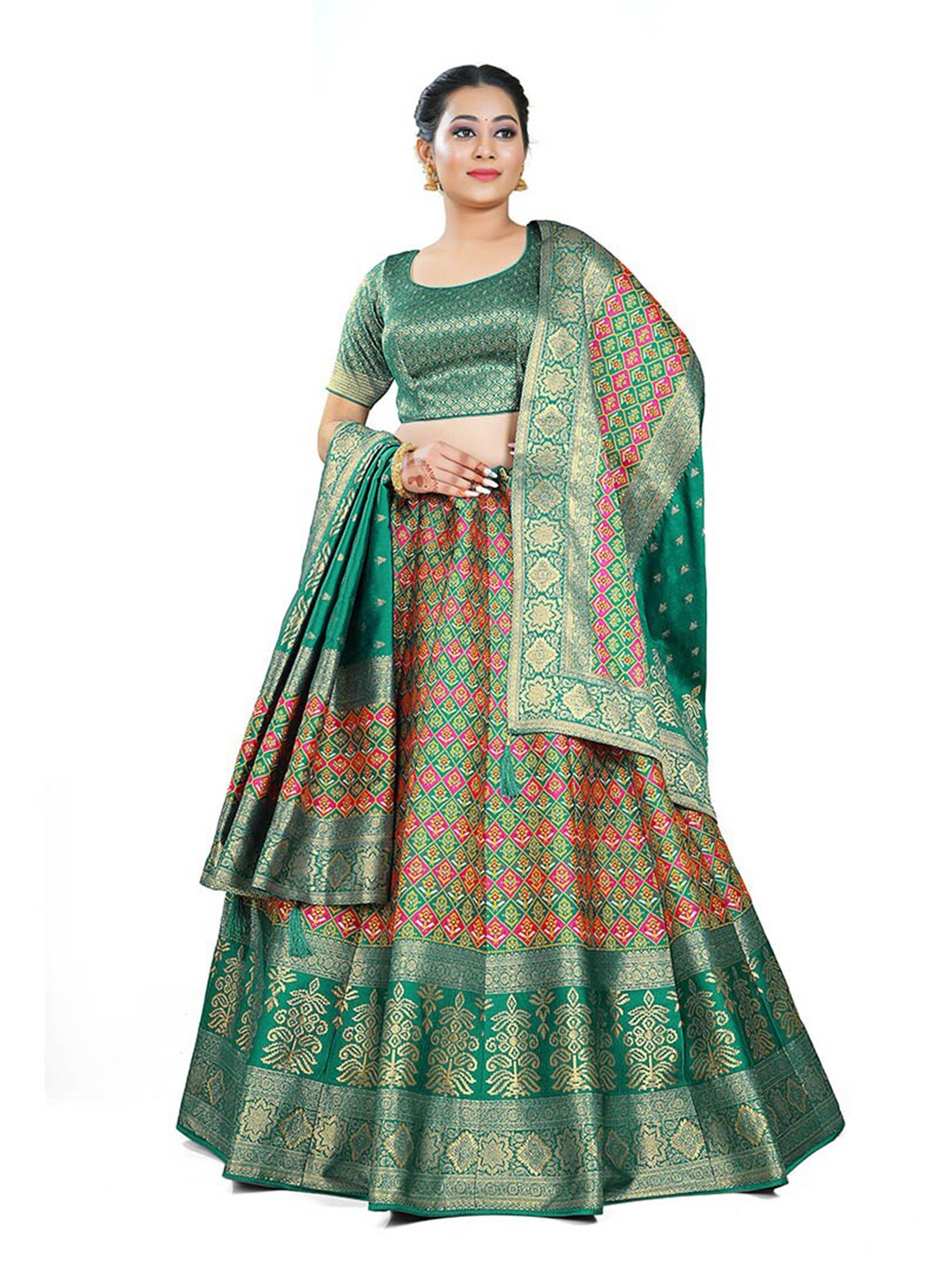 

HALFSAREE STUDIO Semi-Stitched Lehenga & Blouse With Dupatta, Green