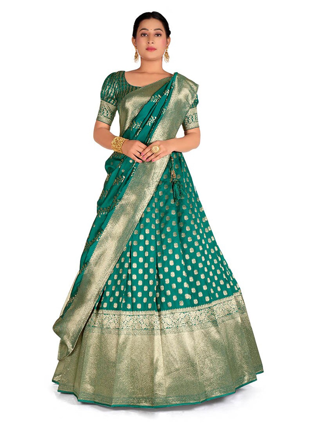 

HALFSAREE STUDIO Woven Design Semi-Stitched Lehenga & Blouse With Dupatta, Green
