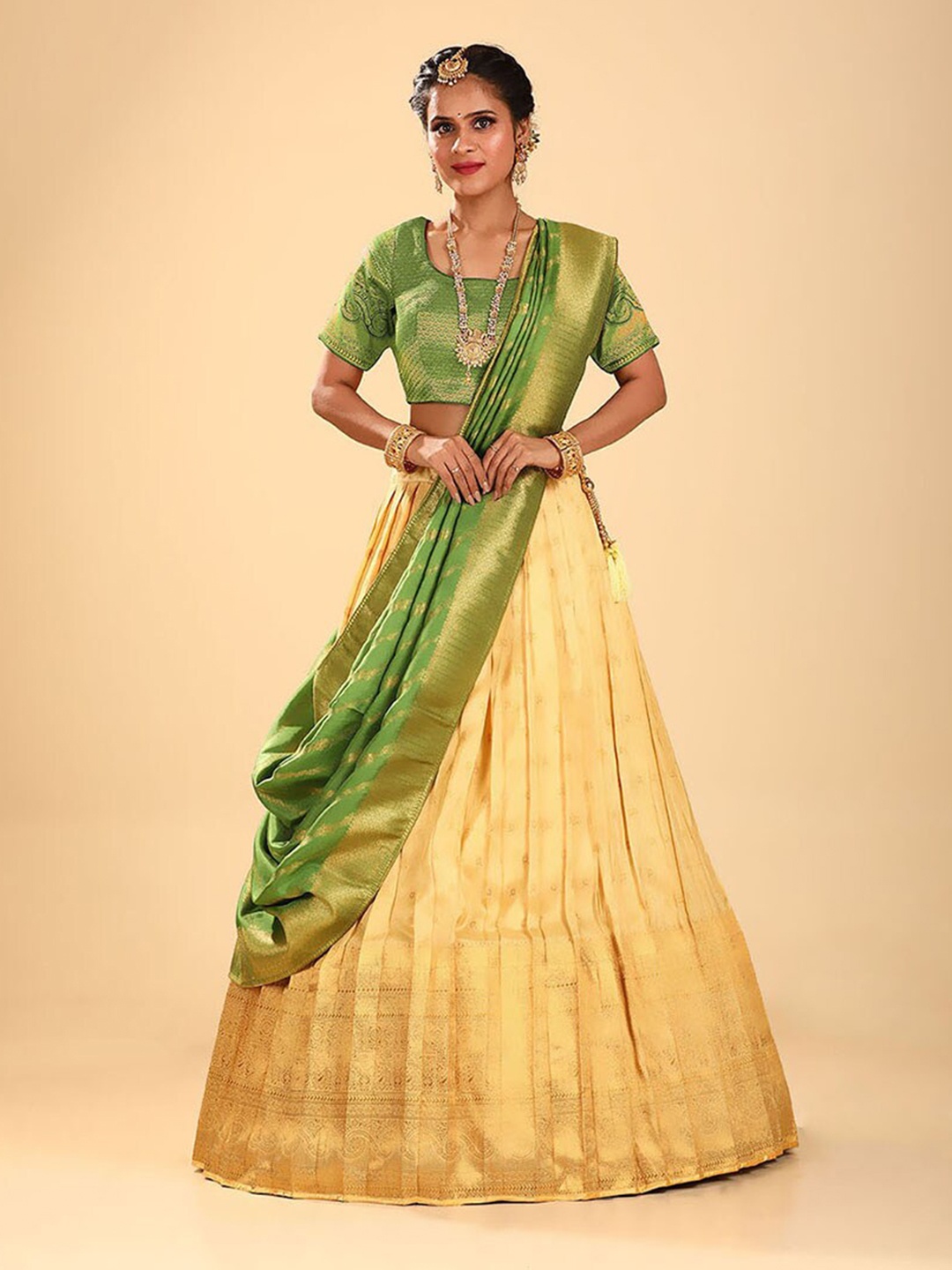 

HALFSAREE STUDIO Woven Design Semi-Stitched Lehenga & Blouse With Dupatta, Lime green
