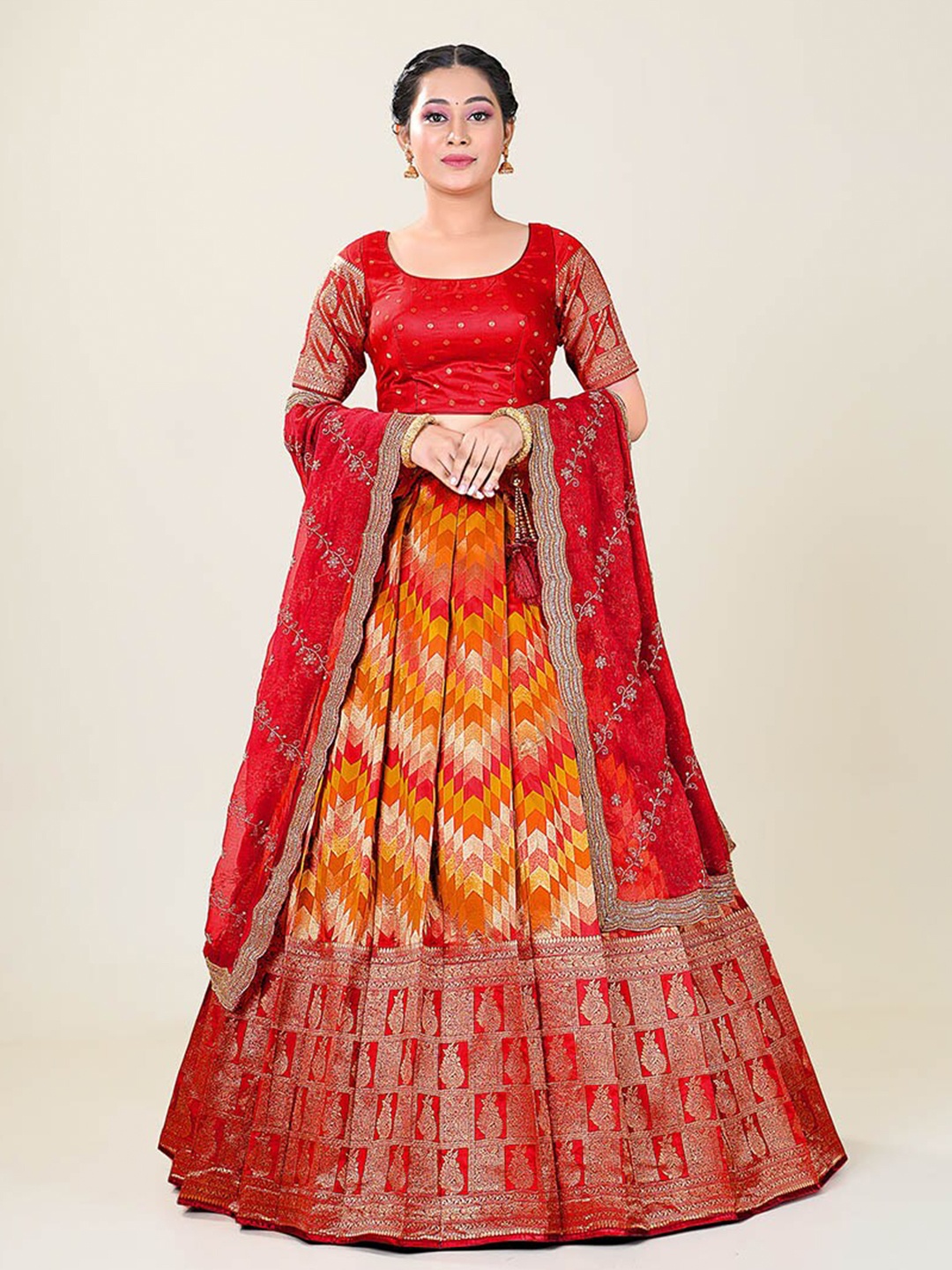 

HALFSAREE STUDIO Woven Design Semi-Stitched Lehenga & Blouse With Dupatta, Red