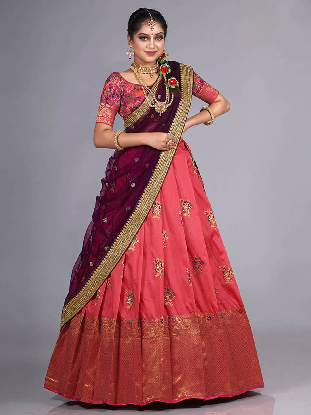 

HALFSAREE STUDIO Woven Design Semi-Stitched Lehenga & Blouse With Dupatta, Peach