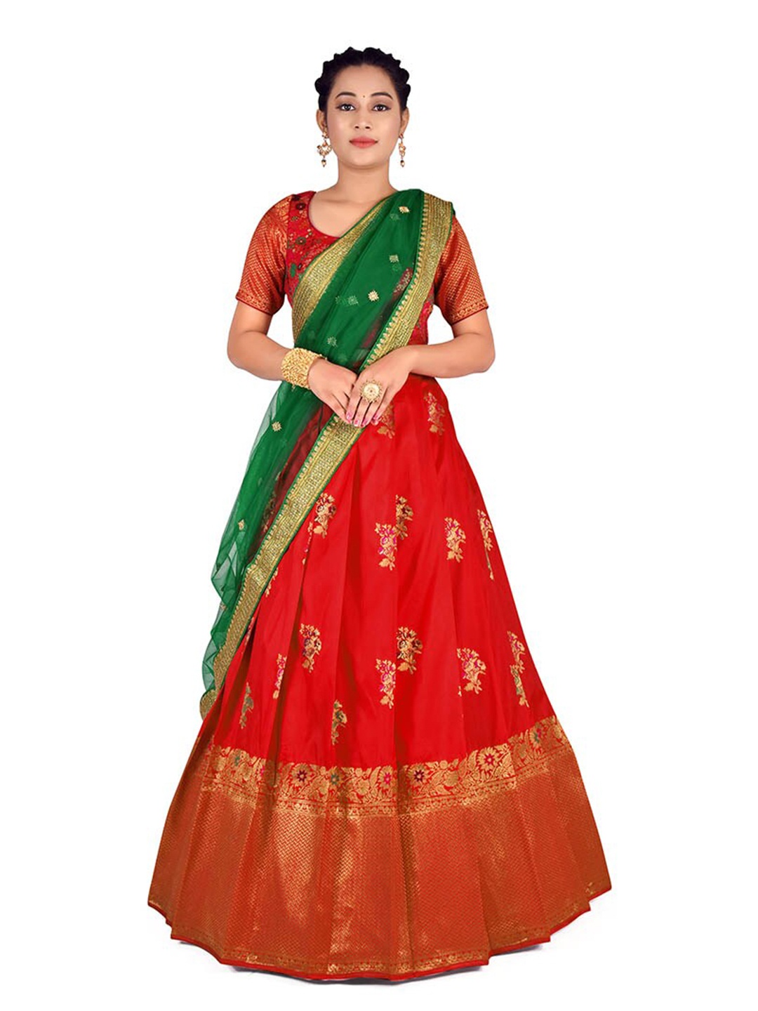 

HALFSAREE STUDIO Semi-Stitched Lehenga & Blouse With Dupatta, Red