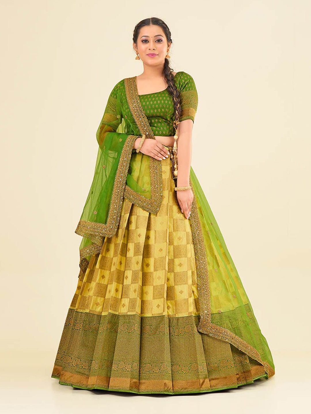 

HALFSAREE STUDIO Semi-Stitched Lehenga & Blouse With Dupatta, Lime green