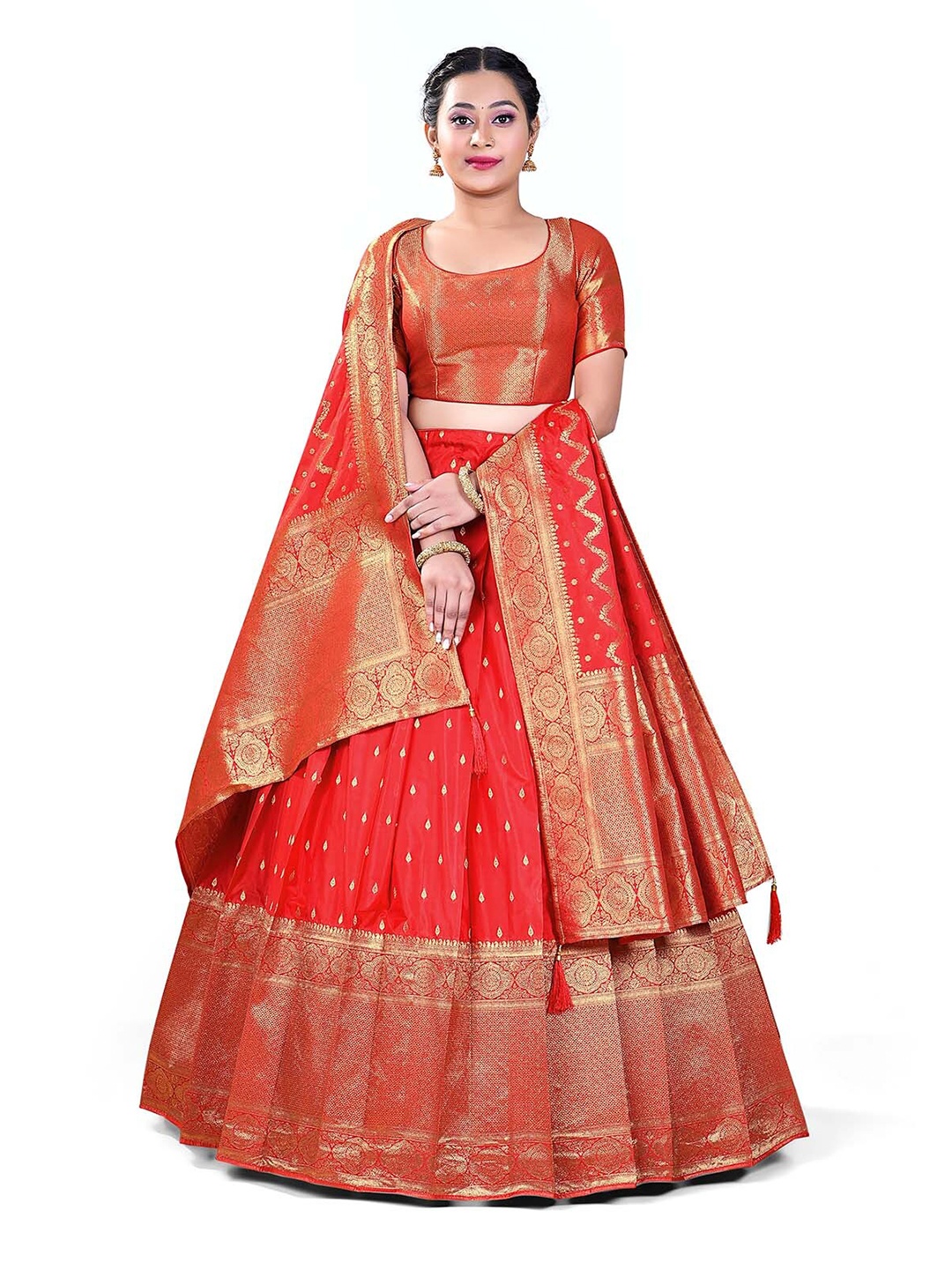 

HALFSAREE STUDIO Woven Design Semi-Stitched Lehenga & Blouse With Dupatta, Red