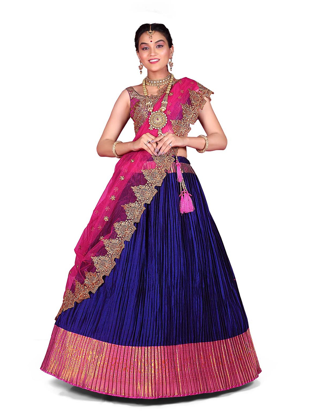 

HALFSAREE STUDIO Semi-Stitched Lehenga & Blouse With Dupatta, Navy blue
