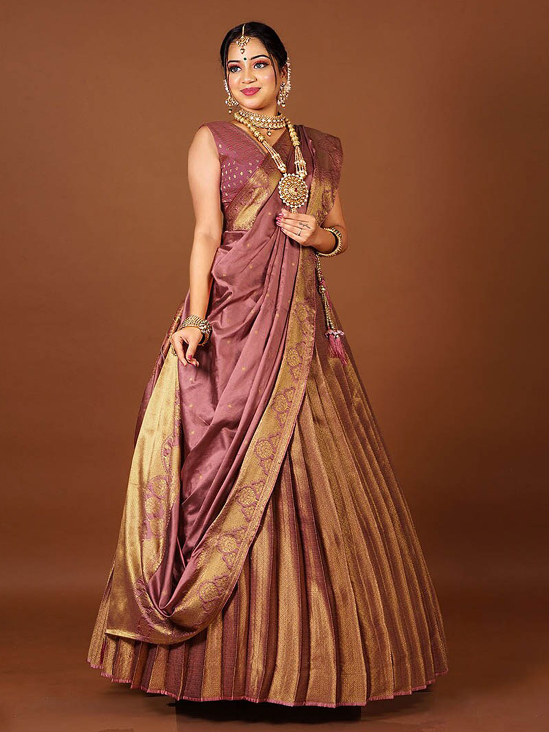 

HALFSAREE STUDIO Semi-Stitched Lehenga & Blouse With Dupatta, Orange