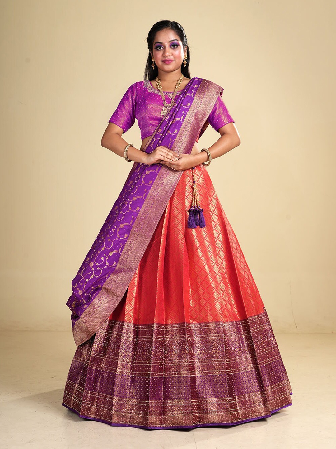 

HALFSAREE STUDIO Ethnic Motifs Woven Design Semi-Stitched Lehenga & Blouse With Dupatta, Red