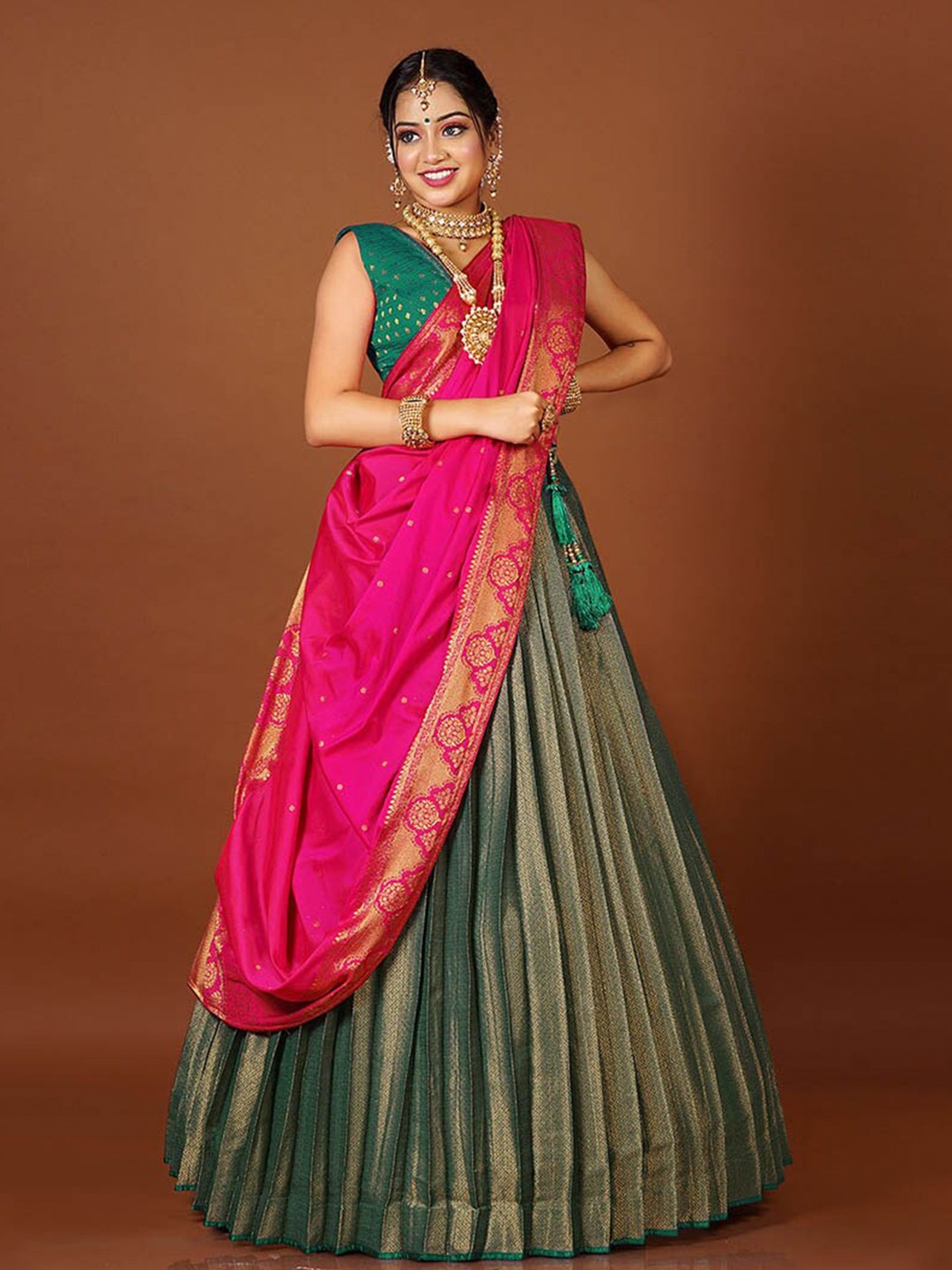 

HALFSAREE STUDIO Woven Design Semi-Stitched Lehenga & Blouse With Dupatta, Pink