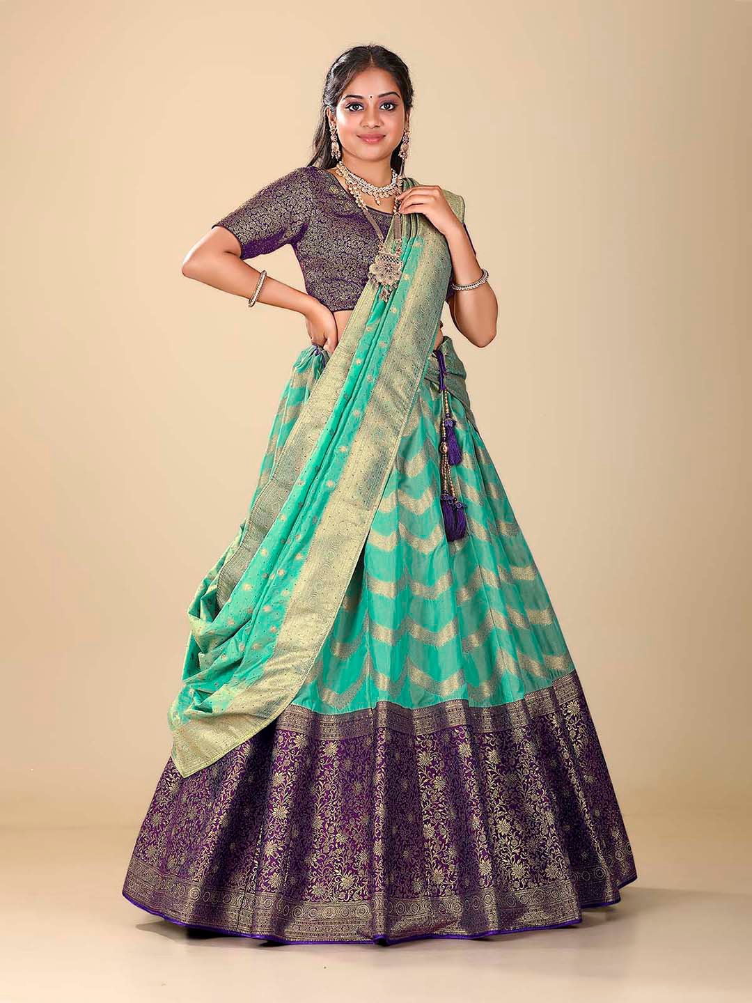 

HALFSAREE STUDIO Ethnic Motifs Woven Design Semi-Stitched Lehenga & Blouse With Dupatta, Green