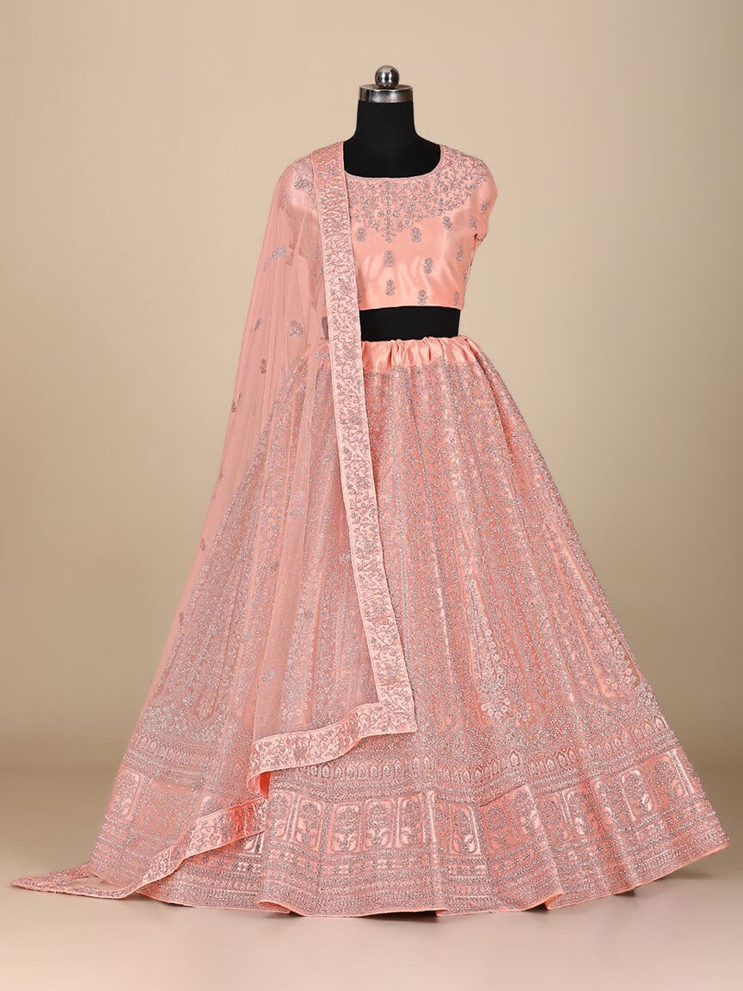 

HALFSAREE STUDIO Embroidered Thread Work Semi-Stitched Lehenga & Blouse With, Peach