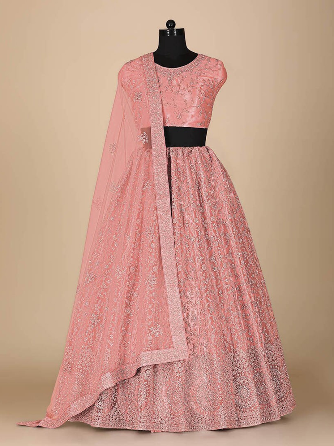 

HALFSAREE STUDIO Embroidered Semi-Stitched Lehenga & Blouse With Dupatta, Peach