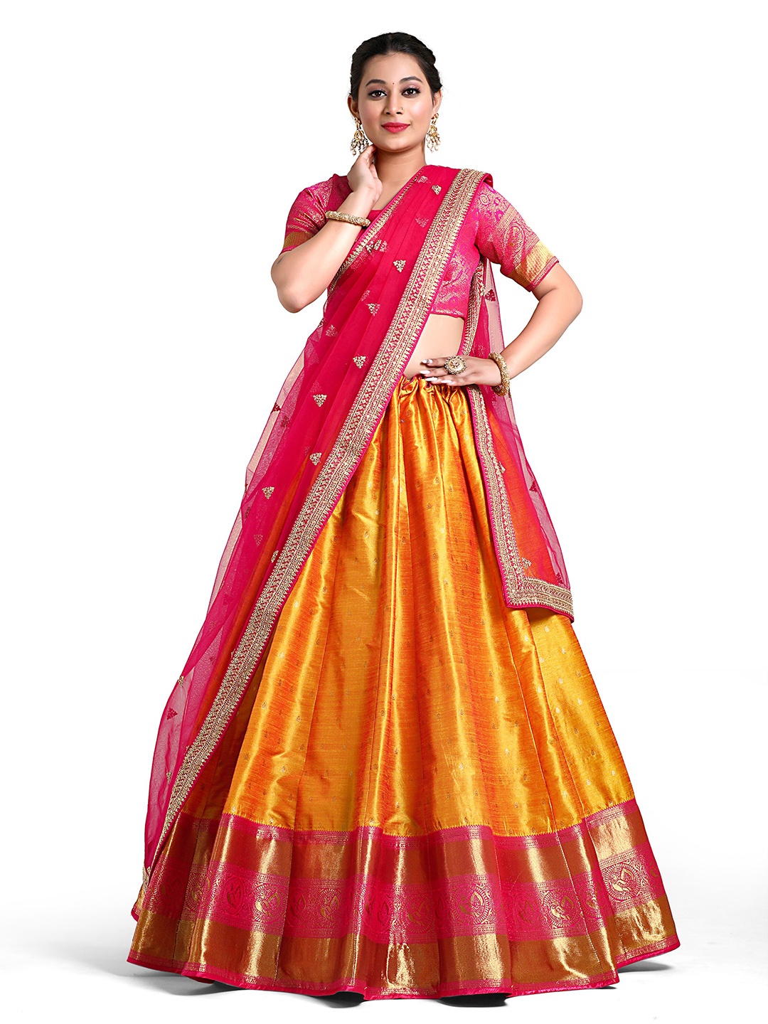

HALFSAREE STUDIO Semi-Stitched Lehenga & Blouse With Dupatta, Gold