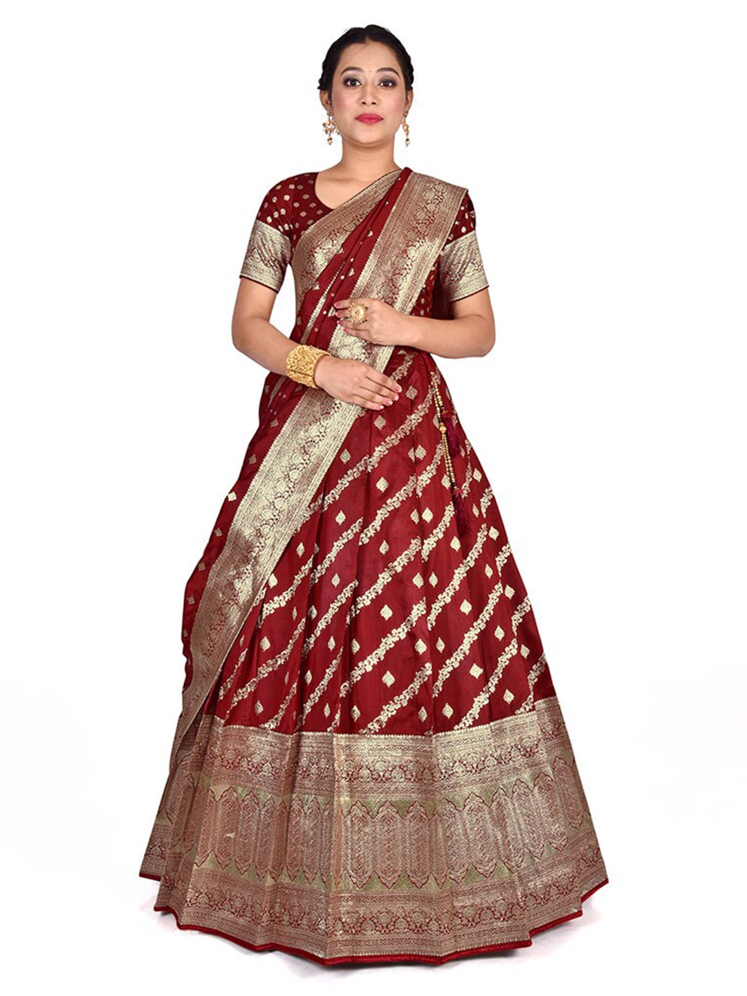 

HALFSAREE STUDIO Woven Design Semi-Stitched Lehenga & Blouse With Dupatta, Maroon