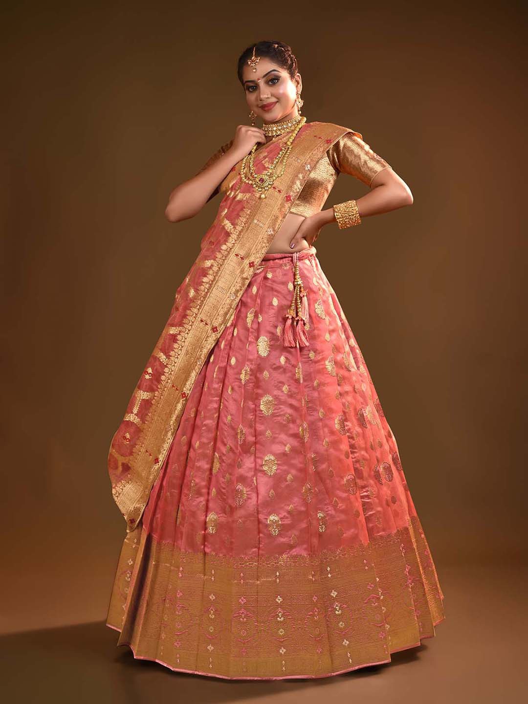 

HALFSAREE STUDIO Woven Design Semi-Stitched Lehenga & Blouse With Dupatta, Peach