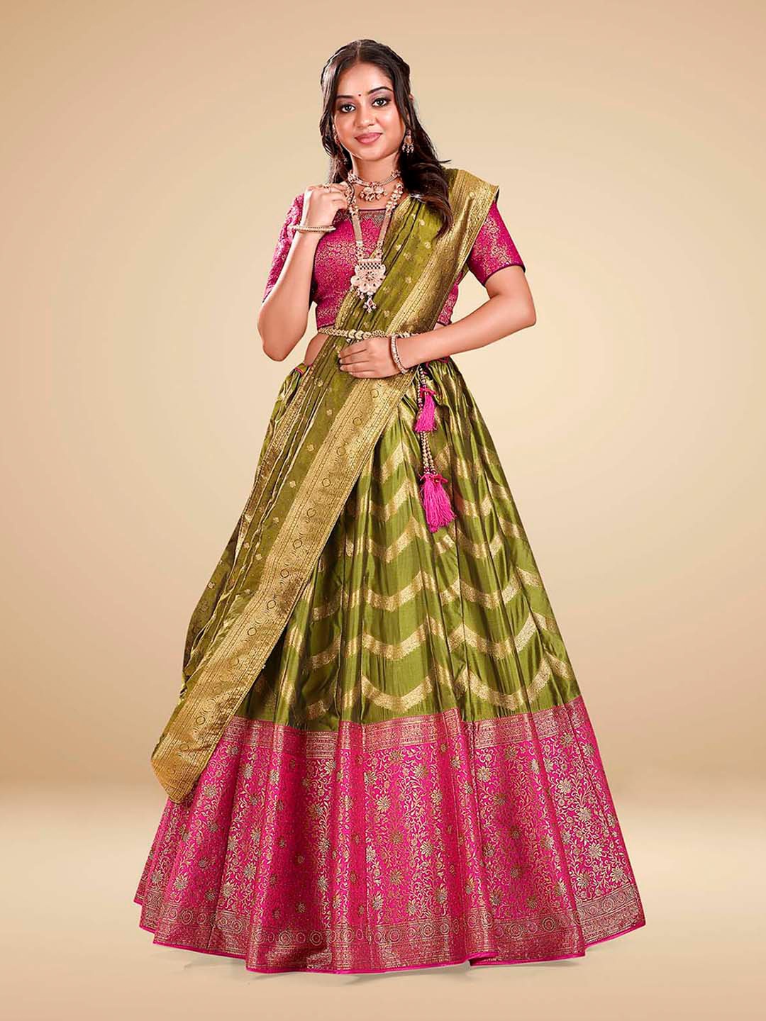 

HALFSAREE STUDIO Woven Design Semi-Stitched Lehenga & Blouse With Dupatta, Olive
